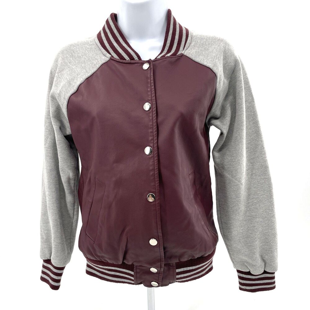 Forever 21 Varsity Jacket Womens Small Maroon Gray Letterman Snap Buttons *FLAW